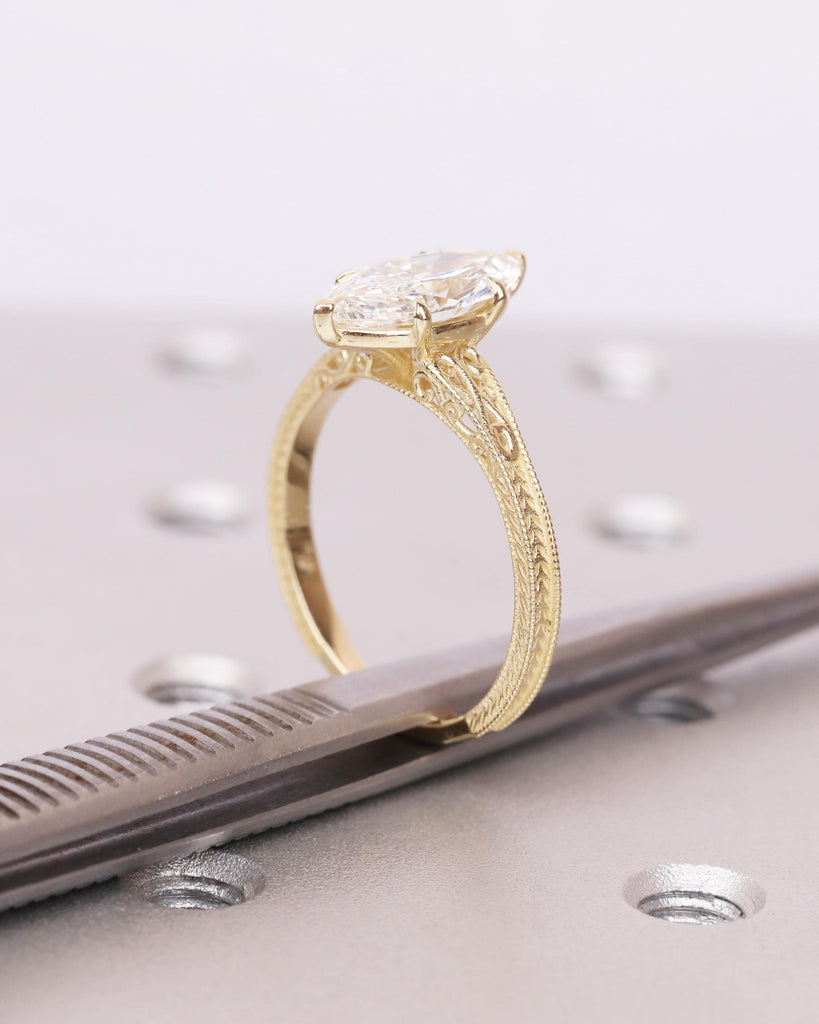 Solid 14k Gold Vintage Filigree Ring, Marquise Lab Diamond Engagement Ring, IGI Certified 0.5ct-2ct Marquise Solitaire, Heirloom Jewelry image #9