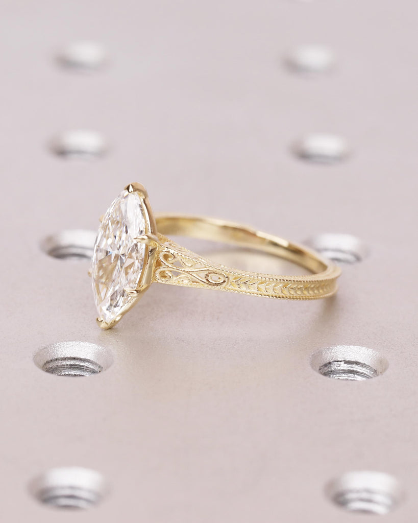 Vintage Moissanite Engagement Ring, Marquise Cut Solitaire Ring, 14k Gold Filigree Ring, Art Nouveau Ring