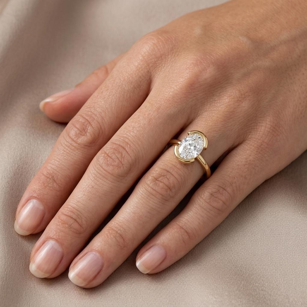 1.5ct Half Bezel set Lab Grown Diamond Promise Ring for Her | Unique Engagement Rings | Solid Gold or Platinum Bridal Jewelry