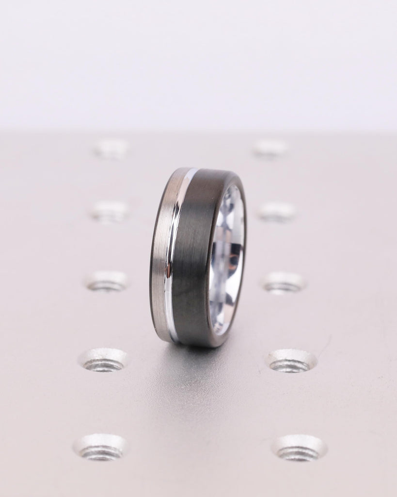 8mm Tungsten Ring Men, White Gold Plated Inlay Ring, Brushed Silver Men's Wedding Band, Comfort Fit Black Rings, Personalized Jewelry image #10