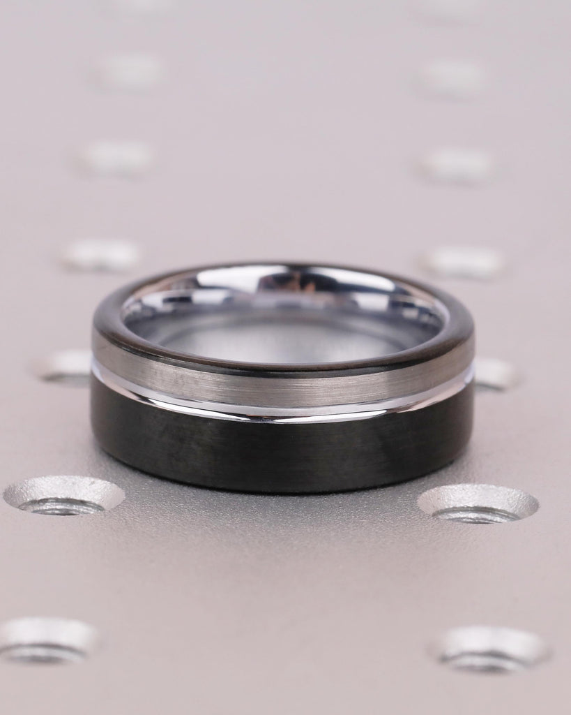8mm Tungsten Ring Men, White Gold Plated Inlay Ring, Brushed Silver Men's Wedding Band, Comfort Fit Black Rings, Personalized Jewelry image #6