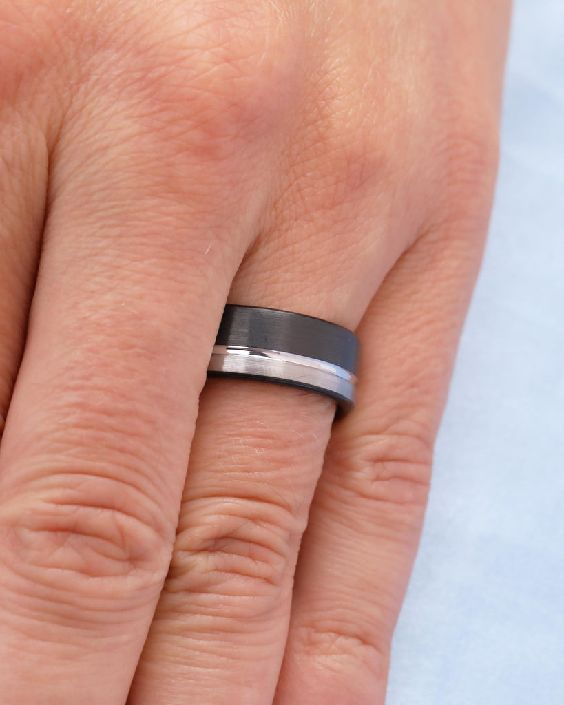 8mm Tungsten Ring Men, White Gold Plated Inlay Ring, Brushed Silver Men's Wedding Band, Comfort Fit Black Rings, Personalized Jewelry image #11