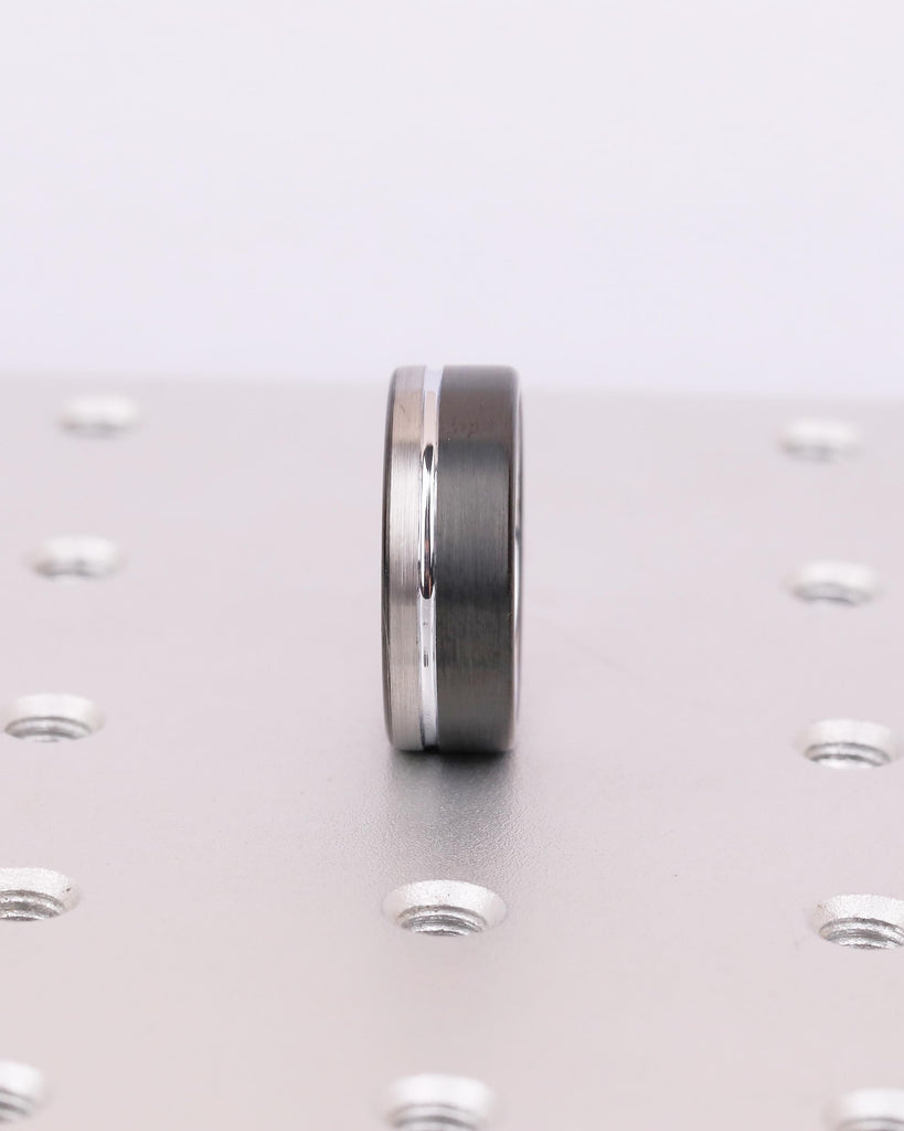 Black Tungsten Ring, Men's Wedding Band, Silver Brushed White Gold Inlay image #7