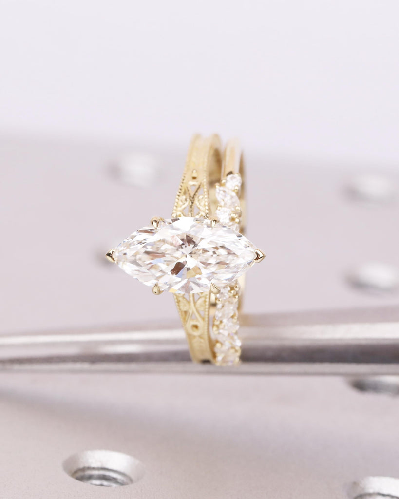 Solid 14k Gold Vintage Filigree Bridal Ring Set, IGI Certified Lab Diamond Engagement Ring Set, Marquise Solitaire Diamond, Heirloom Jewelry image #6