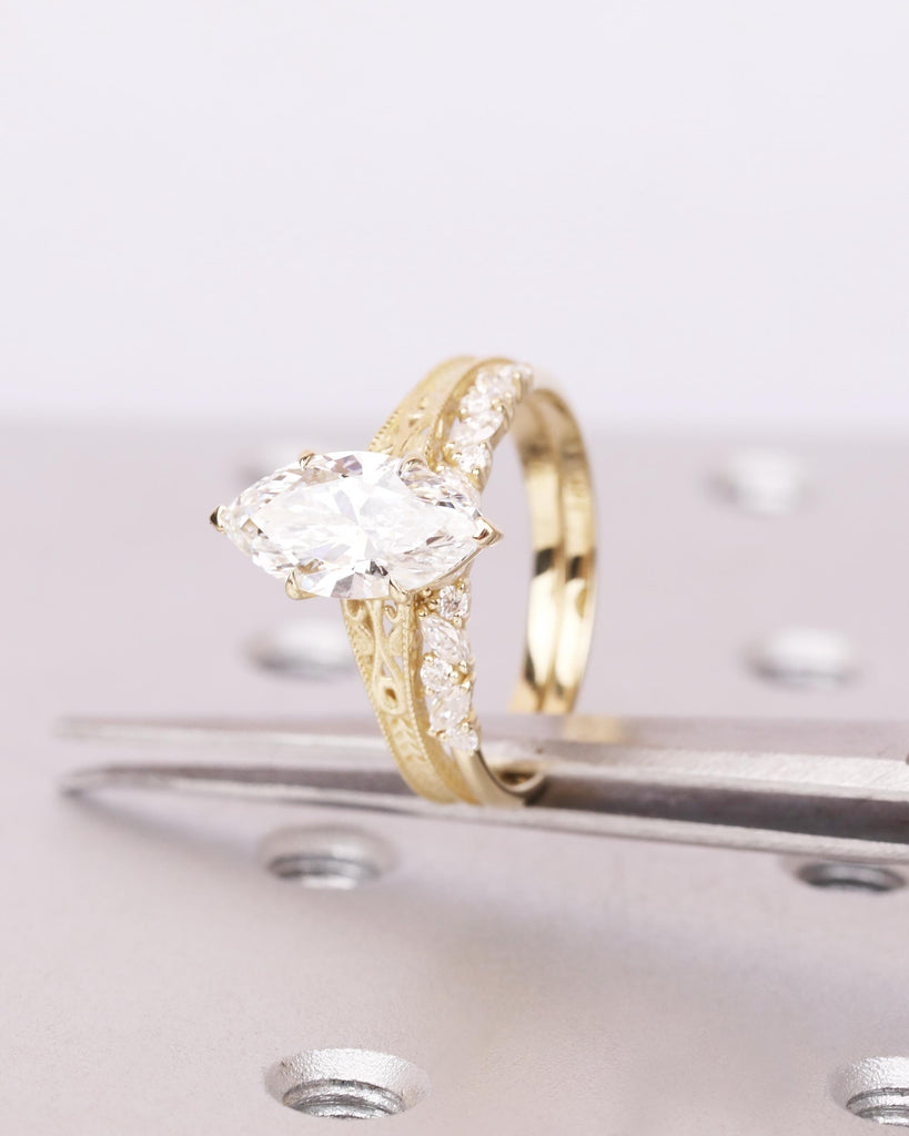 Solid 14k Gold Vintage Filigree Bridal Ring Set, IGI Certified Lab Diamond Engagement Ring Set, Marquise Solitaire Diamond, Heirloom Jewelry image #7
