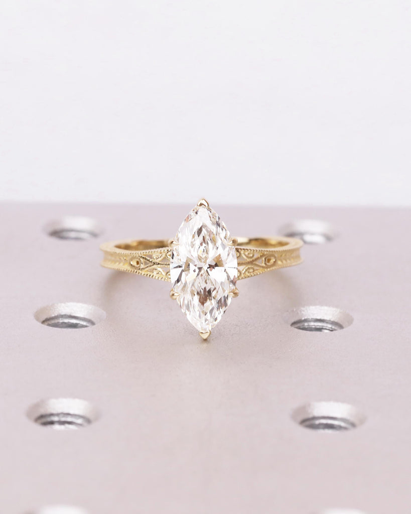 Solid 14k Gold Vintage Filigree Bridal Ring Set, IGI Certified Lab Diamond Engagement Ring Set, Marquise Solitaire Diamond, Heirloom Jewelry image #10