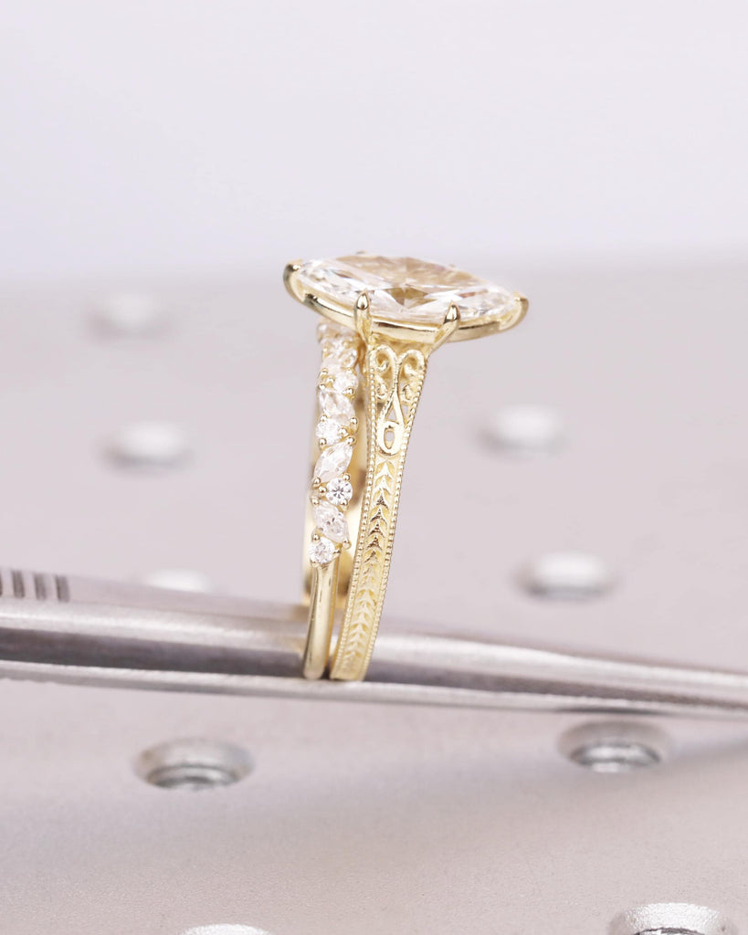 Solid 14k Gold Vintage Filigree Bridal Ring Set, IGI Certified Lab Diamond Engagement Ring Set, Marquise Solitaire Diamond, Heirloom Jewelry image #5