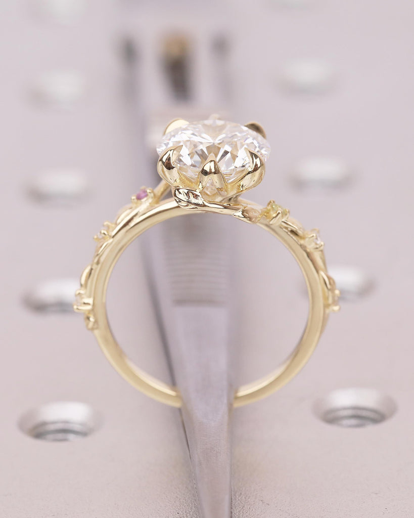 Round Lab Grown Diamond Engagement Ring, Vintage 14k Gold Statement Rings for Women, Anniversary Ring, Amethyst, Peridot Birthstone Accents image #7