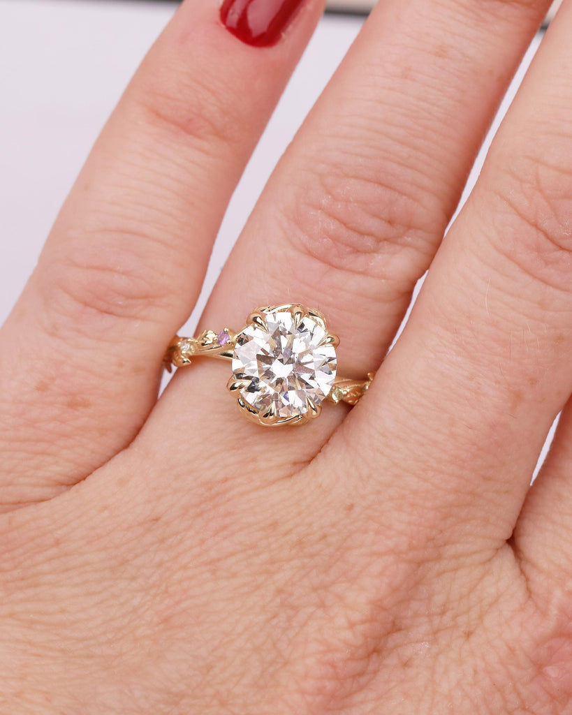 Round Lab Grown Diamond Engagement Ring, Vintage 14k Gold Statement Rings for Women, Anniversary Ring, Amethyst, Peridot Birthstone Accents image #14