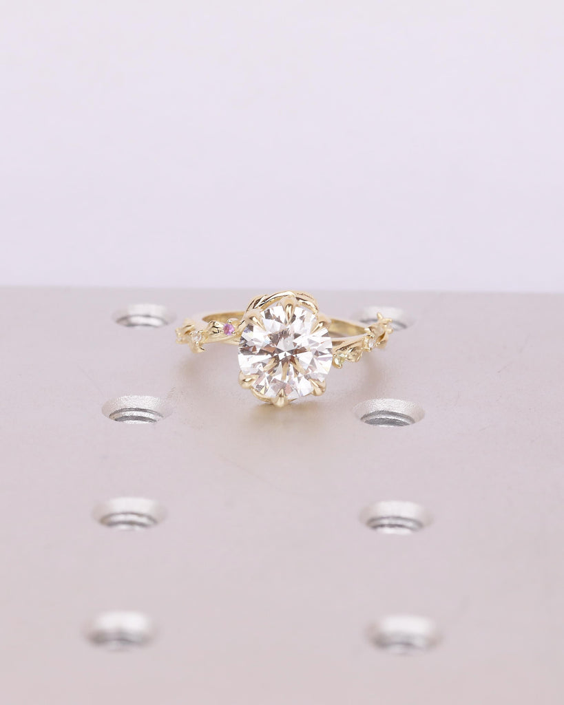 Round Lab Grown Diamond Engagement Ring, Vintage 14k Gold Statement Rings for Women, Anniversary Ring, Amethyst, Peridot Birthstone Accents image #12