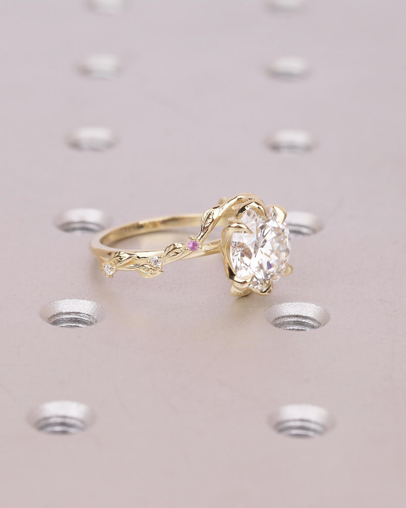 Round Lab Grown Diamond Engagement Ring, Vintage 14k Gold Statement Rings for Women, Anniversary Ring, Amethyst, Peridot Birthstone Accents image #10