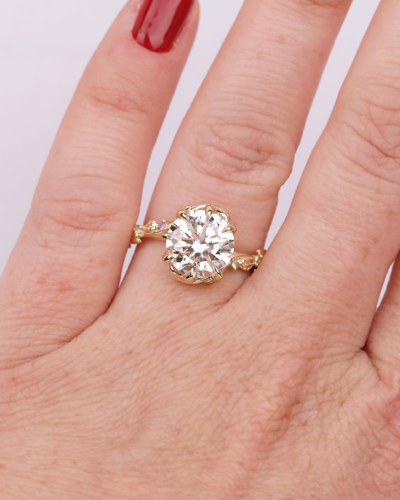 Round Lab Grown Diamond Engagement Ring, Vintage 14k Gold Statement Rings for Women, Anniversary Ring, Amethyst, Peridot Birthstone Accents image #9