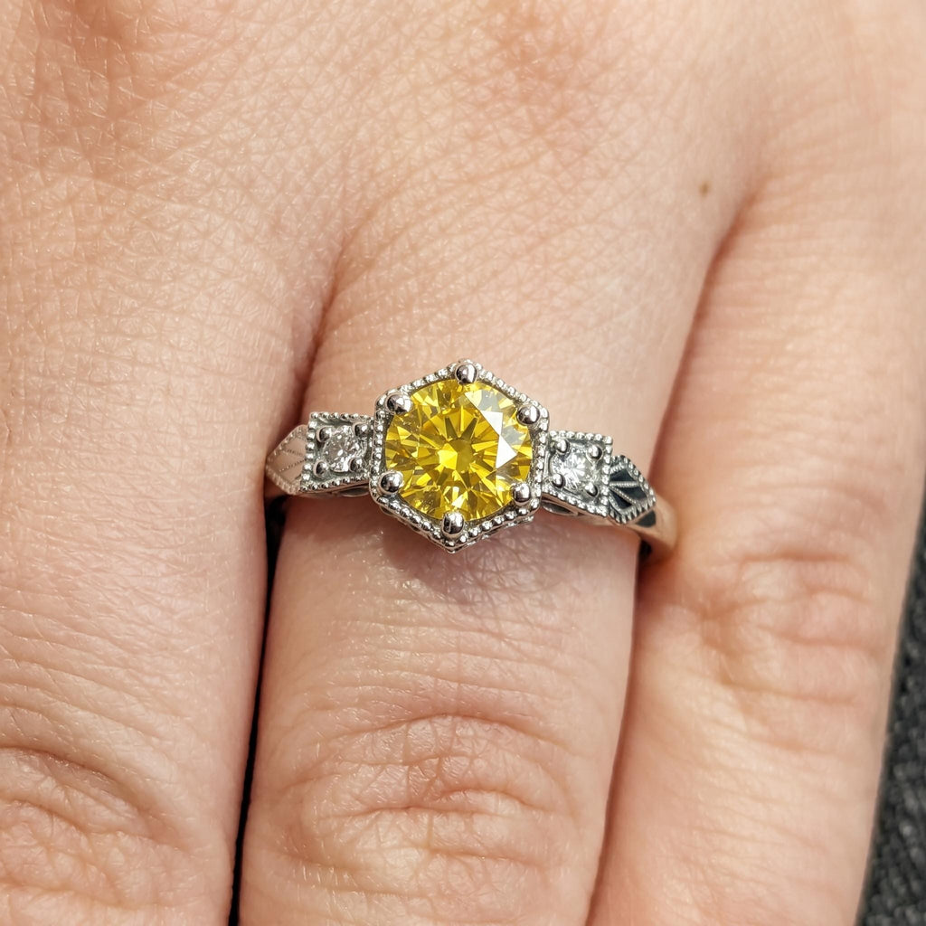Canary Yellow Diamond Vintage Engagement Ring | 14K/18K Solid Gold Heirloom Ring | Round Lab Grown Diamond Victorian Bridal Jewelry for Her image #2
