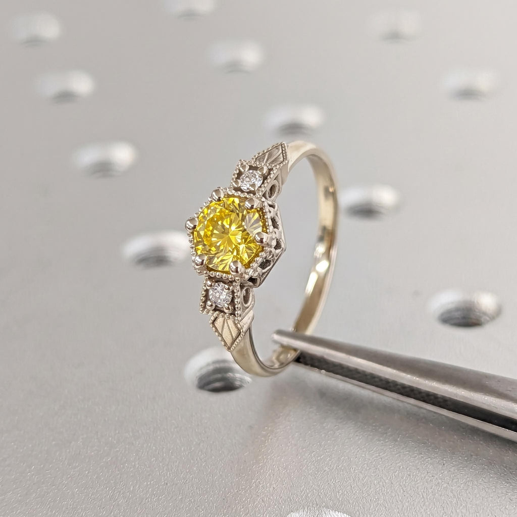 1.5ct Canary Yellow Diamond Ring | Round Lab Grown Diamond, 14K/18K Solid Gold Vintage Engagement Ring for Women