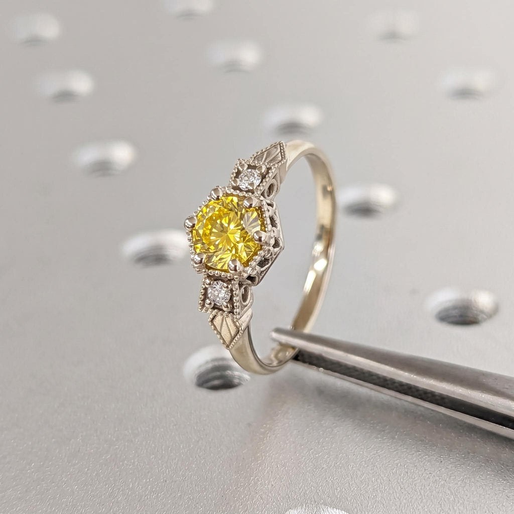 Fancy Yellow Lab Created Diamond Promise Ring for Her | 14k White Gold Three Stone Antique Wedding Ring | Anniversary Gift image #2