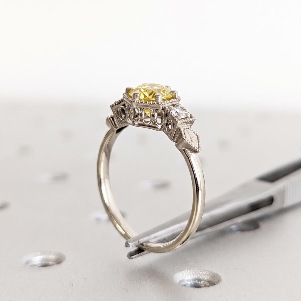 Canary Yellow Diamond Vintage Engagement Ring | 14K/18K Solid Gold Heirloom Ring | Round Lab Grown Diamond Victorian Bridal Jewelry for Her image #3