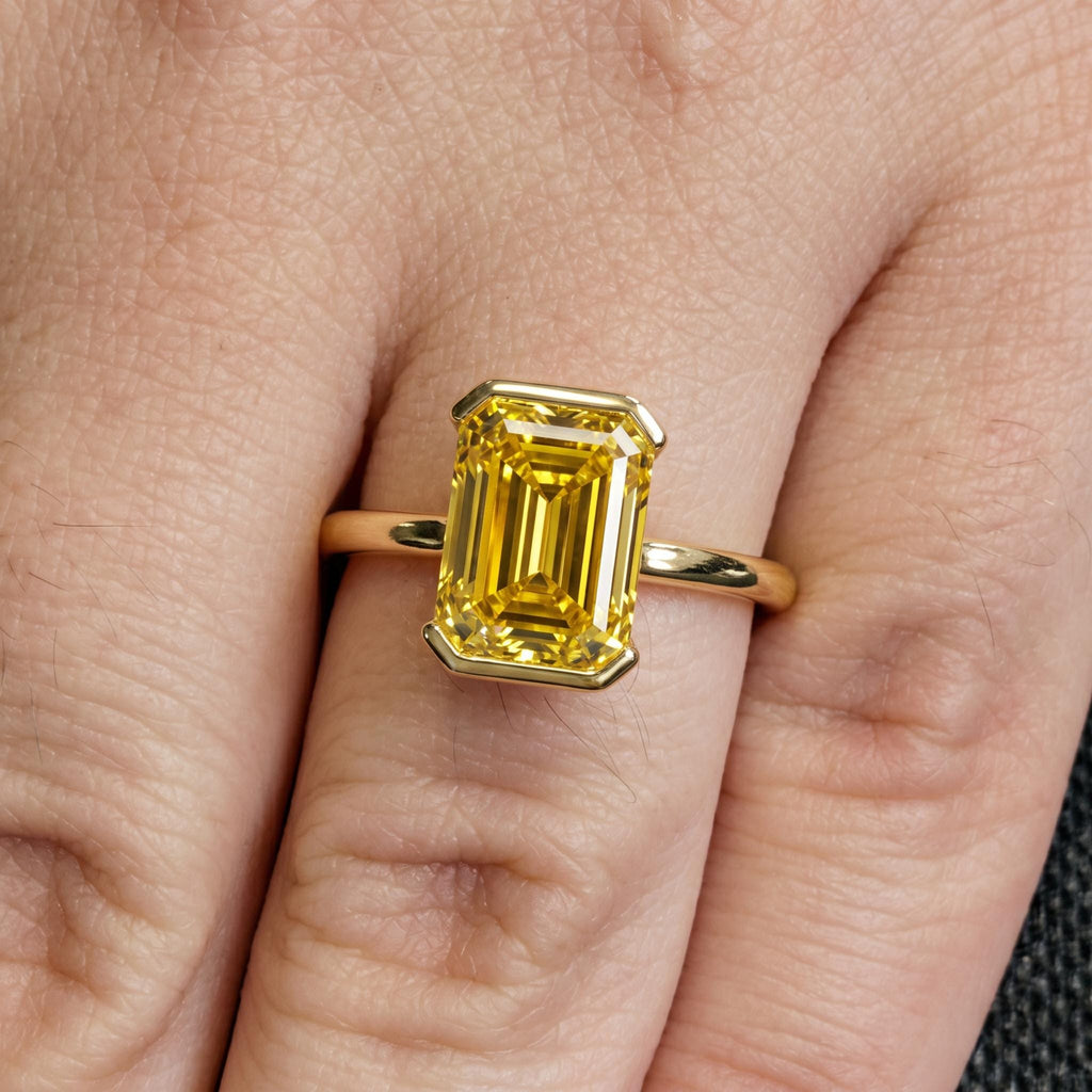 14k/18k Gold Yellow Diamond Half Bezel Ring | Emerald cut Classic Solitaire Ring Bridal Jewelry | Wedding Anniversary Gift for Her image #2