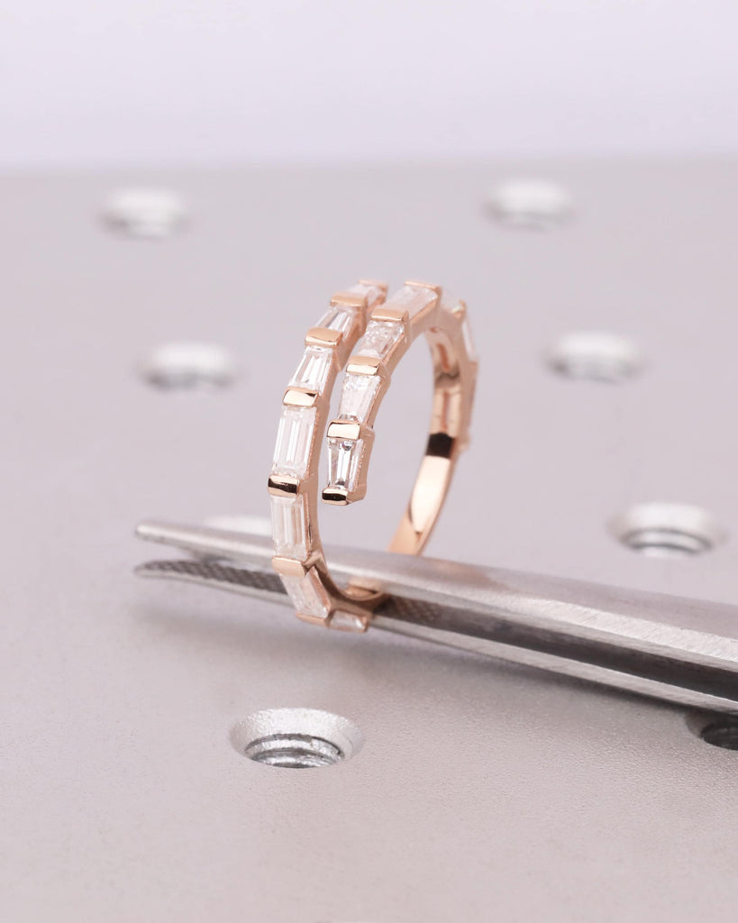 Diamond Baguette Pinky Ring, 14k Rose Gold Half Eternity Wrap Ring, Double Row Wrap Around Ring, Spiral Ring, Dainty Stacking Ring for Women image #6