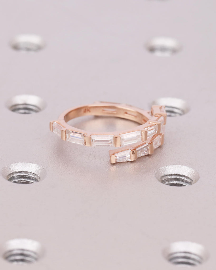 Diamond Baguette Pinky Ring, 14k Rose Gold Half Eternity Wrap Ring, Double Row Wrap Around Ring, Spiral Ring, Dainty Stacking Ring for Women image #3
