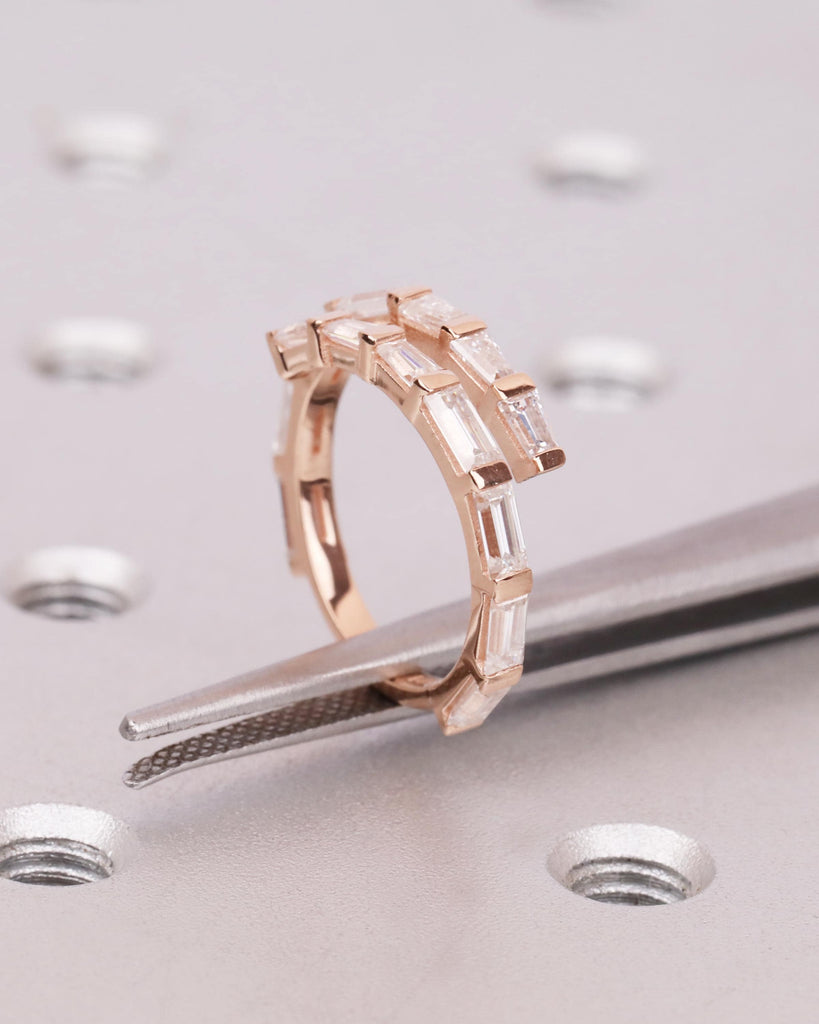 Diamond Baguette Pinky Ring, 14k Rose Gold Half Eternity Wrap Ring, Double Row Wrap Around Ring, Spiral Ring, Dainty Stacking Ring for Women image #8
