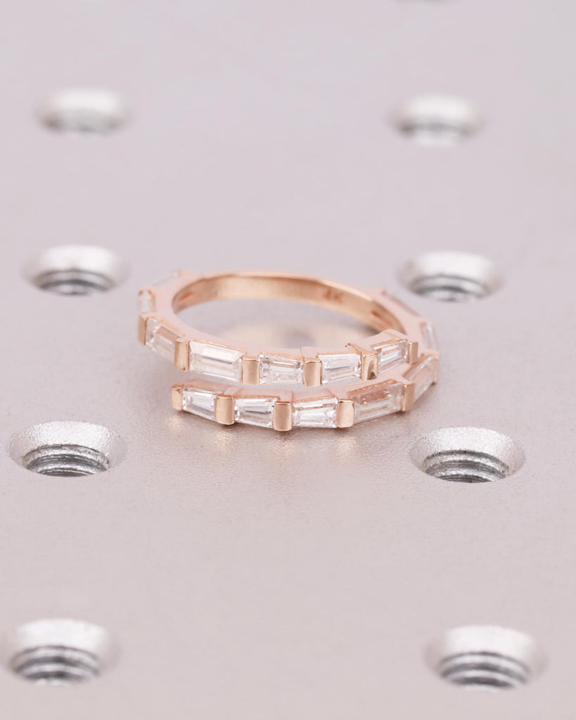 Diamond Baguette Pinky Ring, 14k Rose Gold Half Eternity Wrap Ring, Double Row Wrap Around Ring, Spiral Ring, Dainty Stacking Ring for Women