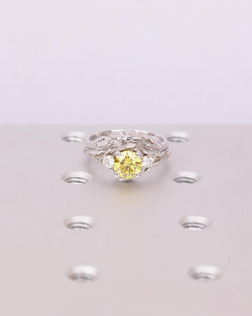 Yellow Lab Diamond Engagement Ring Set, Vintage 14k White Gold Wedding Anniversary Ring, Unique Nature Inspired Personalized Bridal Jewelry image #1