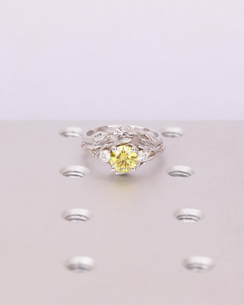 Round Yellow Lab Grown Diamond Engagement Ring Set in White Gold, Nature Inspired Ring image #12
