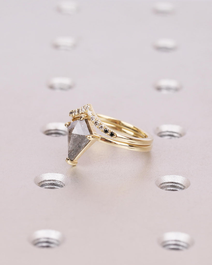 Kite Cut Diamond Engagement Ring Set | Galaxy Salt and Pepper Diamond Ring | Ombre Chevron Wedding Band | 14K Solid Gold | Unique Bridal Set image #3