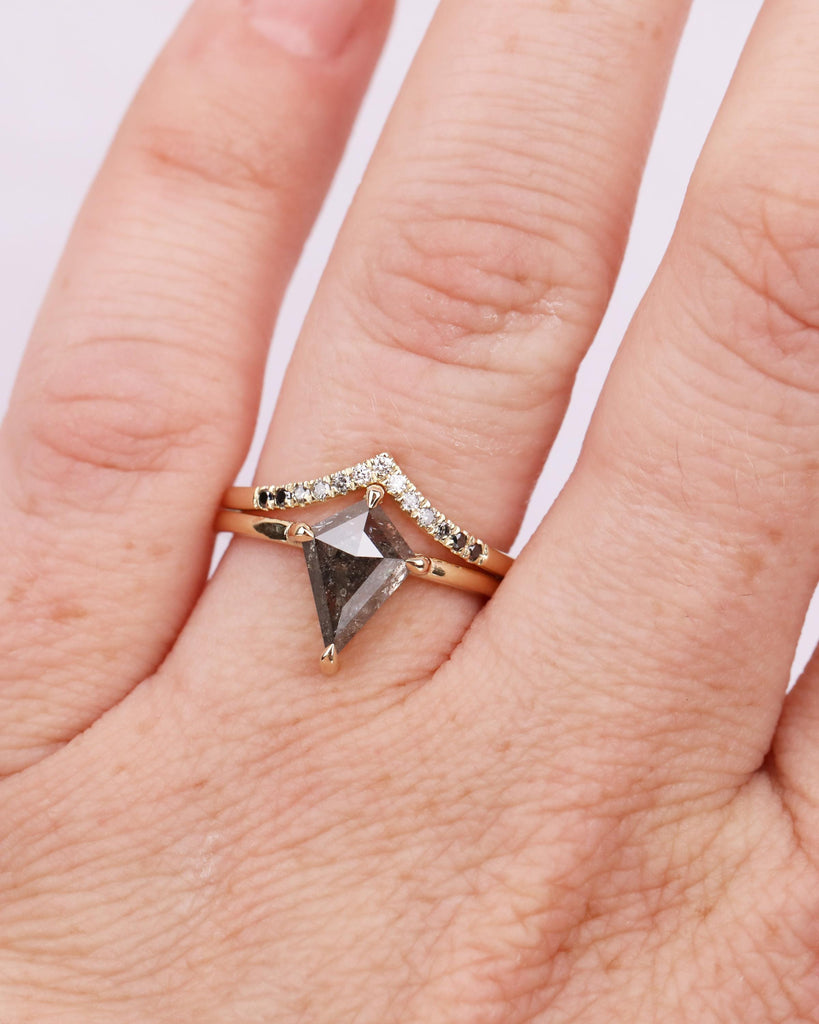 Kite Cut Diamond Engagement Ring Set | Galaxy Salt and Pepper Diamond Ring | Ombre Chevron Wedding Band | 14K Solid Gold | Unique Bridal Set image #2