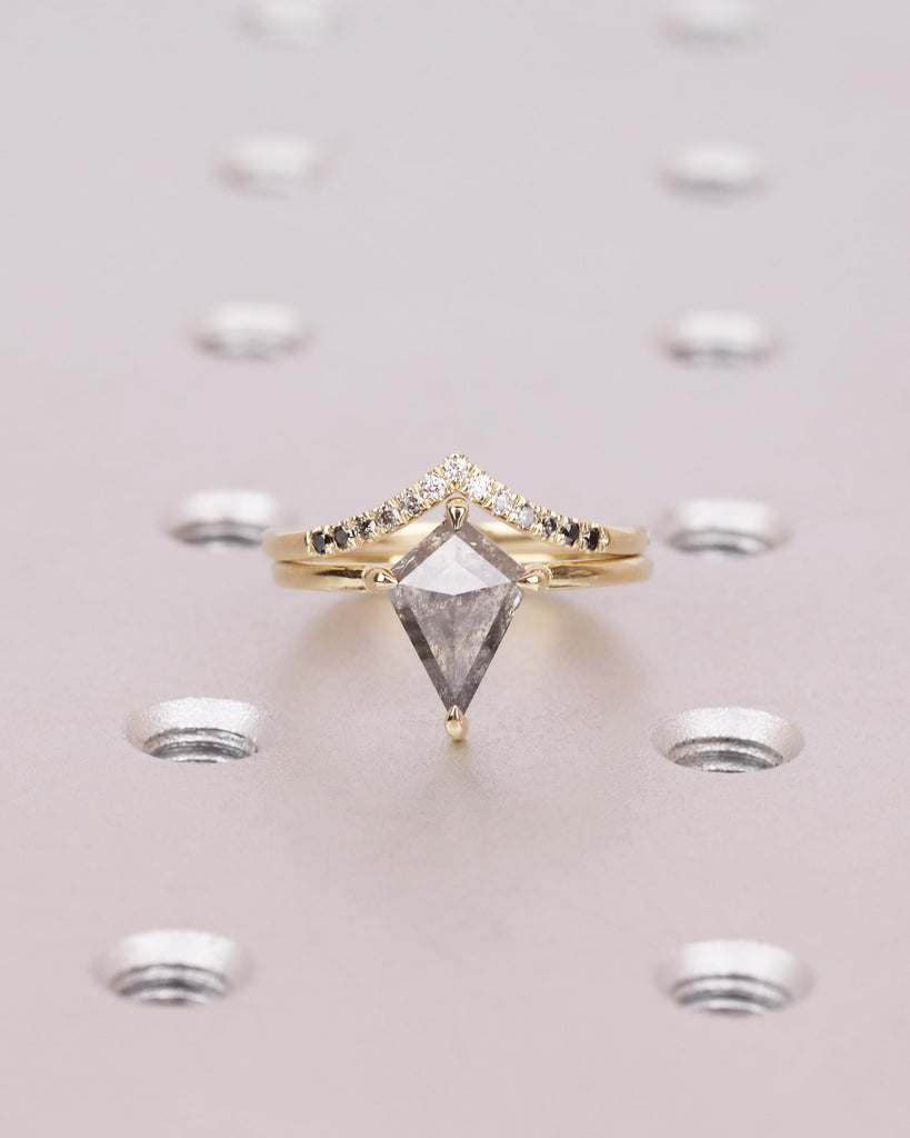Kite Cut Diamond Engagement Ring Set | Galaxy Salt and Pepper Diamond Ring | Ombre Chevron Wedding Band | 14K Solid Gold | Unique Bridal Set