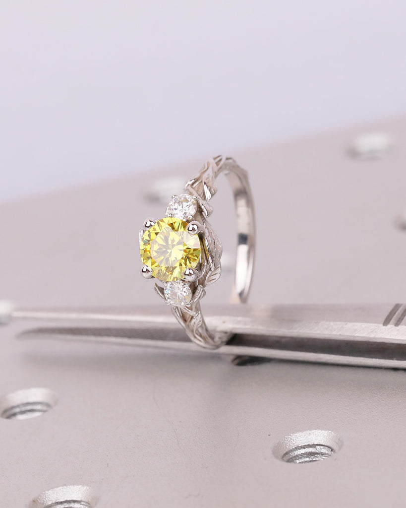 Yellow Lab Created Diamond Ring, Vintage Engagement Ring in 14k White Gold, Nature Jewelry image #5