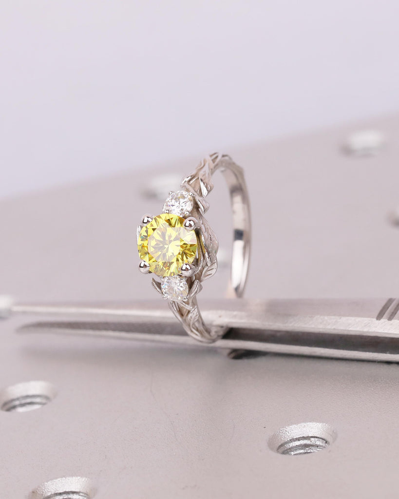 Art Deco Nature Inspired Ring, Round Yellow Lab Grown Diamond Engagement Ring, 18k/14k White Gold Promise Rings for Women, Floral Jewelry image #5