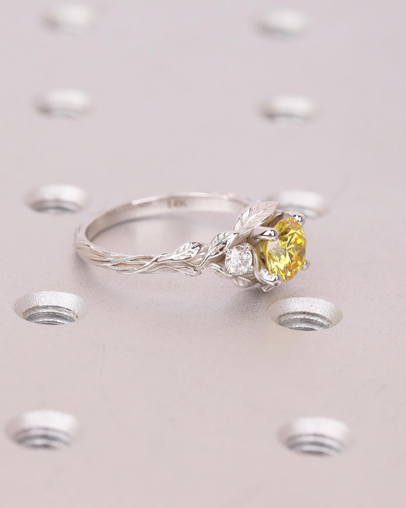 Art Deco Nature Inspired Ring, Round Yellow Lab Grown Diamond Engagement Ring, 18k/14k White Gold Promise Rings for Women, Floral Jewelry image #4