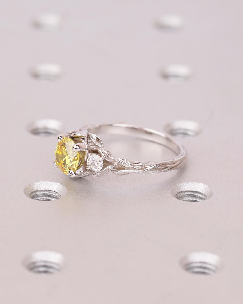 Art Deco Nature Inspired Ring, Round Yellow Lab Grown Diamond Engagement Ring, 18k/14k White Gold Promise Rings for Women, Floral Jewelry image #9