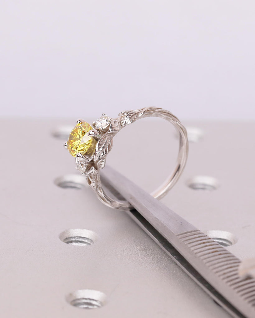 Art Deco Nature Inspired Ring, Round Yellow Lab Grown Diamond Engagement Ring, 18k/14k White Gold Promise Rings for Women, Floral Jewelry image #14