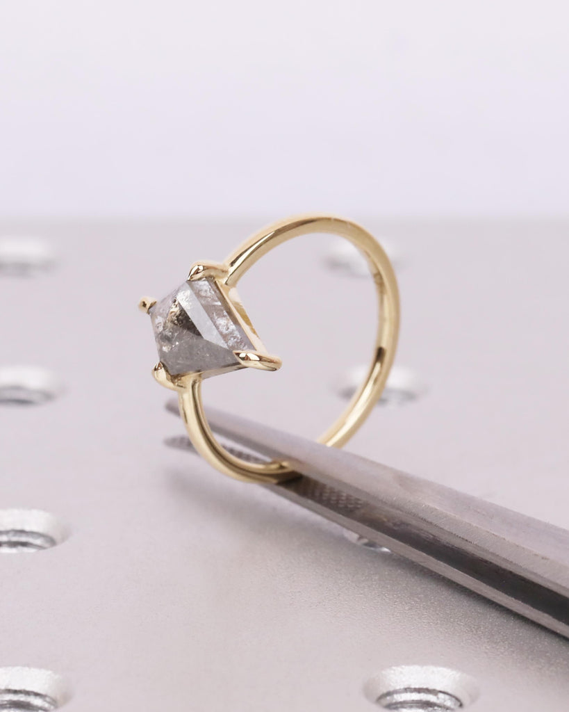Kite Cut Salt and Pepper Diamond Engagement Ring | 14K Solid Gold Vintage Diamond Ring | Claw Prongs | Stackable Ring | Unique Promise Ring image #4