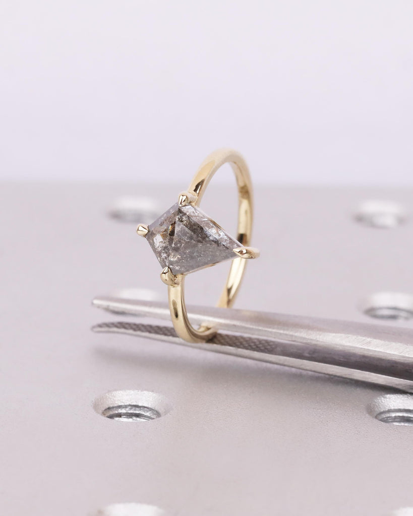 Kite Cut Salt and Pepper Diamond Engagement Ring | 14K Solid Gold Vintage Diamond Ring | Claw Prongs | Stackable Ring | Unique Promise Ring image #3