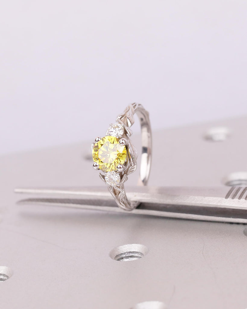 Art Deco Nature Inspired Ring, Round Yellow Lab Grown Diamond Engagement Ring, 18k/14k White Gold Promise Rings for Women, Floral Jewelry image #18