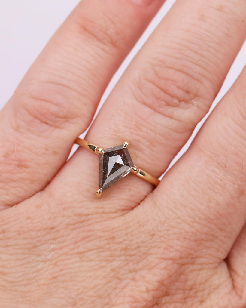 Kite Cut Salt and Pepper Diamond Engagement Ring | 14K Solid Gold Vintage Diamond Ring | Claw Prongs | Stackable Ring | Unique Promise Ring image #2