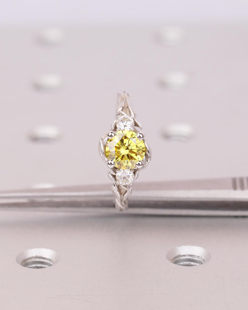Art Deco Nature Inspired Ring, Round Yellow Lab Grown Diamond Engagement Ring, 18k/14k White Gold Promise Rings for Women, Floral Jewelry image #10