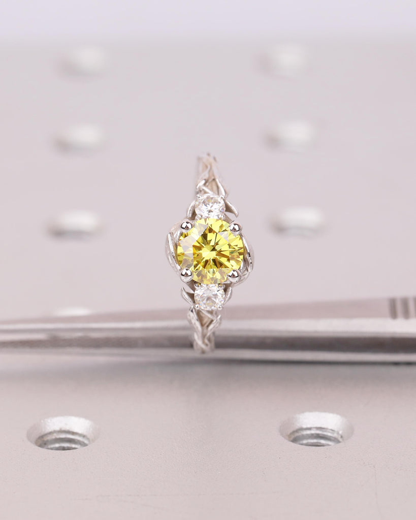 Yellow Lab Created Diamond Ring, Vintage Engagement Ring in 14k White Gold, Nature Jewelry image #10