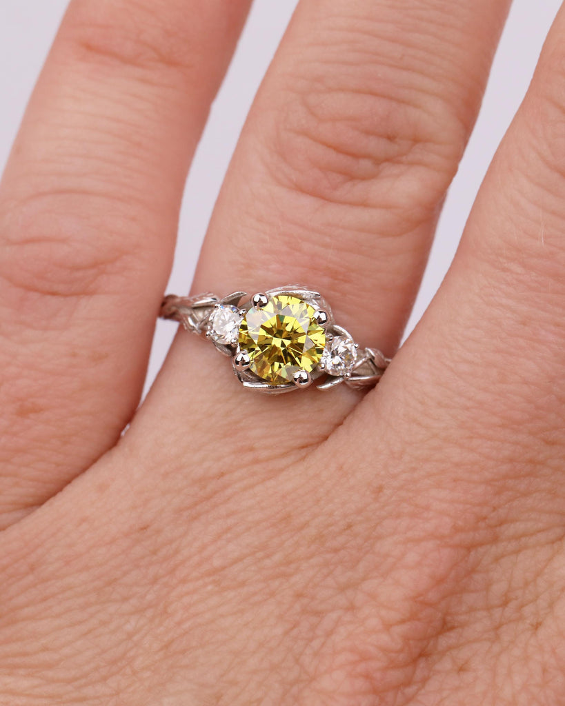 Yellow Lab Created Diamond Ring, Vintage Engagement Ring in 14k White Gold, Nature Jewelry image #19