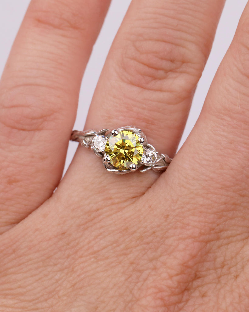 Art Deco Nature Inspired Ring, Round Yellow Lab Grown Diamond Engagement Ring, 18k/14k White Gold Promise Rings for Women, Floral Jewelry image #19