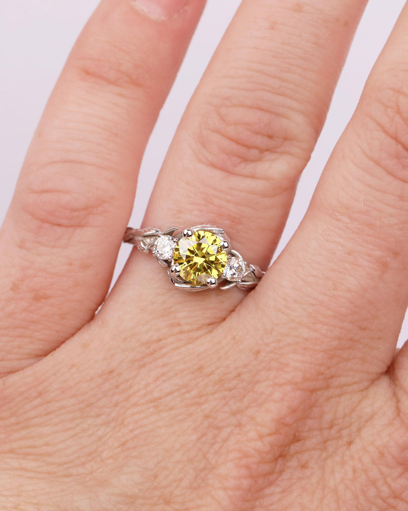 Art Deco Nature Inspired Ring, Round Yellow Lab Grown Diamond Engagement Ring, 18k/14k White Gold Promise Rings for Women, Floral Jewelry image #16