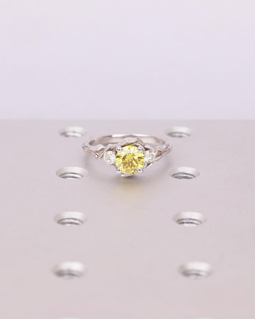 Art Deco Nature Inspired Ring, Round Yellow Lab Grown Diamond Engagement Ring, 18k/14k White Gold Promise Rings for Women, Floral Jewelry image #17