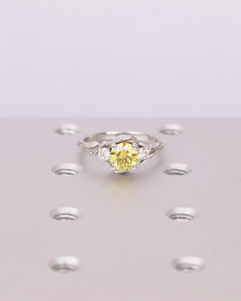 Art Deco Nature Inspired Ring, Round Yellow Lab Grown Diamond Engagement Ring, 18k/14k White Gold Promise Rings for Women, Floral Jewelry image #12