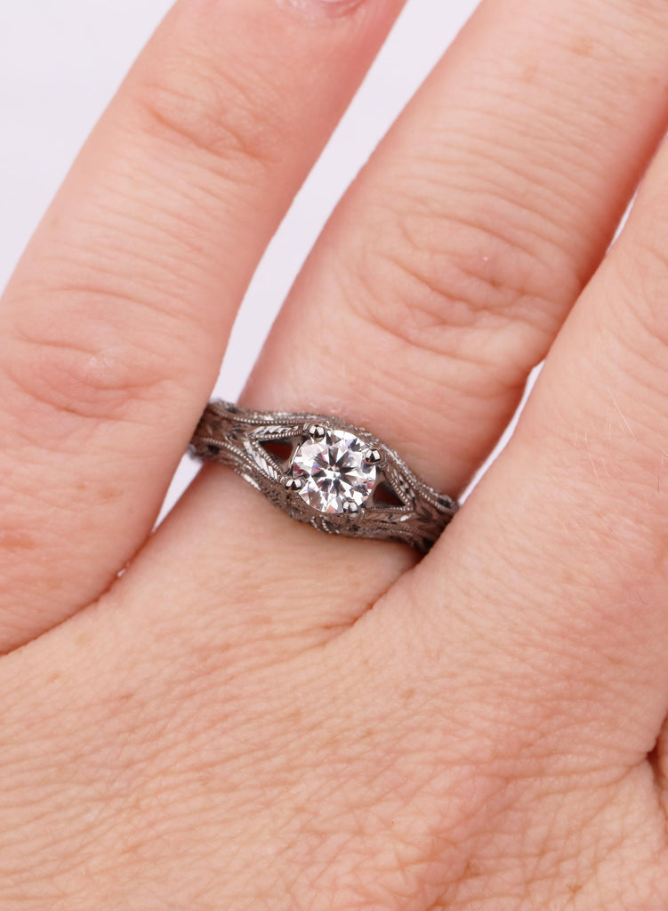 Vintage Filigree Moissanite Solitaire, Engagement Ring, Nature Inspired Leaf Engraved Band, Art Deco Milgrain, Black Gold Ring image #2