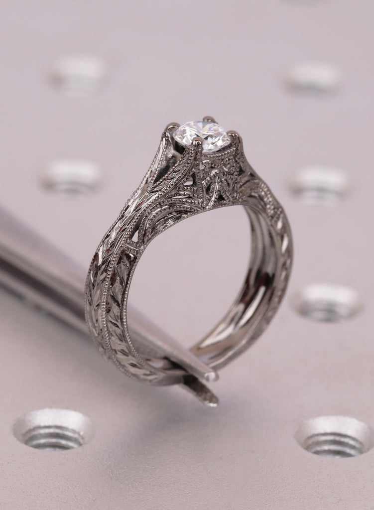 Vintage Filigree Moissanite Solitaire, Engagement Ring, Nature Inspired Leaf Engraved Band, Art Deco Milgrain, Black Gold Ring image #9