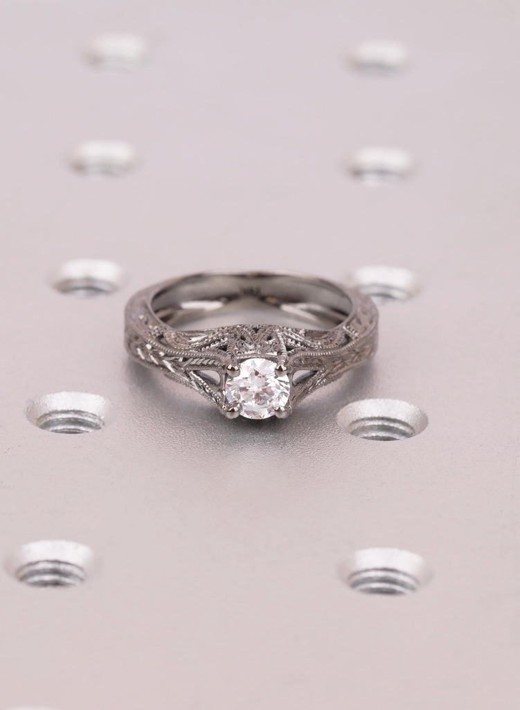 Vintage Filigree Moissanite Solitaire, Engagement Ring, Nature Inspired Leaf Engraved Band, Art Deco Milgrain, Black Gold Ring image #1