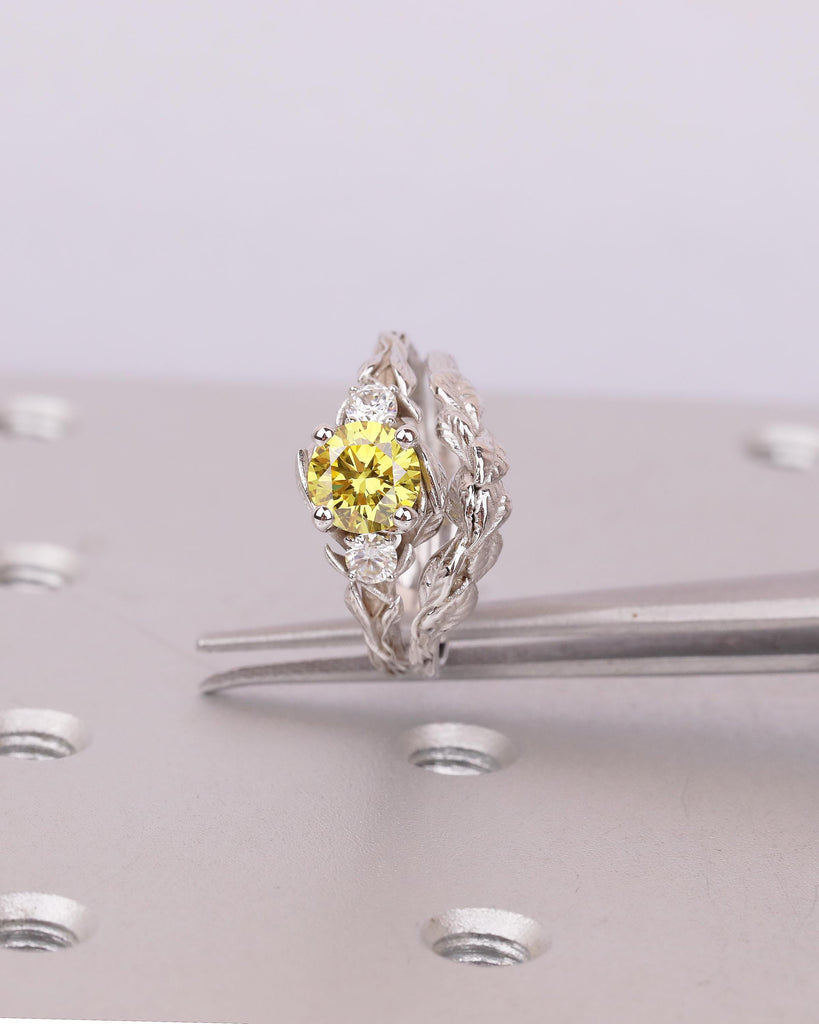 Nature Inspired Engagement Rings, Yellow Lab Grown Diamond Ring, 14k Solid Gold Bridal Ring Set image #5